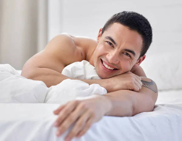 Handsome Young Man Lying Bed — Foto Stock