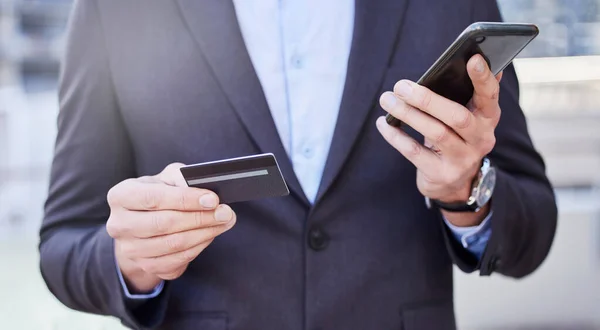 Unrecognizable Business Man Shopping Line Using His Phone — Stock Fotó
