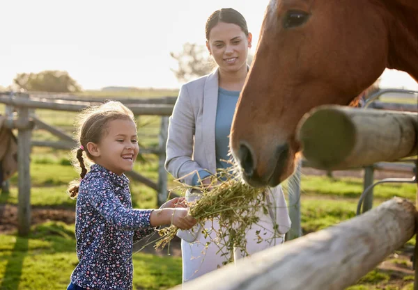 Adorable Little Girl Feeding Horse Her Farm While Her Mother — Photo