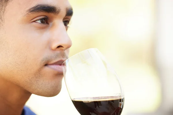Closeup Shot Handsome Young Man Enjoying Some Wine Tasting Farm — Stockfoto