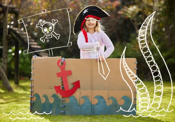 Little Girl Dressed Pirate Yard — Stock Photo, Image