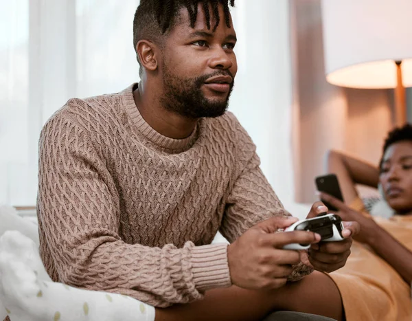 Handsome Young Man Playing Video Games While Relaxing Sofa Home — Foto Stock