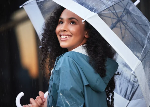 Young Woman Admiring Rain City — Stok fotoğraf