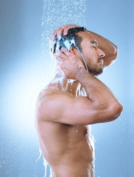 Studio Shot Handsome Young Man Washing His Hair Shower Grey — Foto Stock