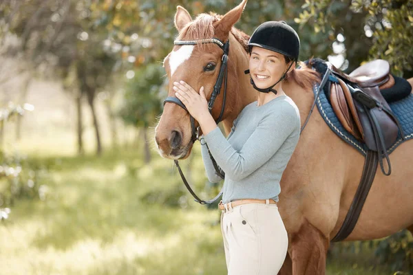 Attractive Young Woman Standing Her Horse Forest Stock Picture