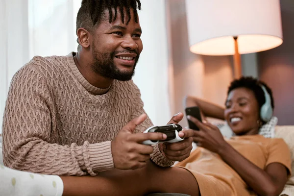 Handsome Young Man Playing Video Games While Relaxing Sofa Home — Foto Stock