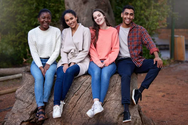 Ryhmä Nuoria Ystäviä Hengailee Opiskelutauolla Collegessa — kuvapankkivalokuva