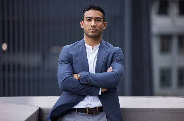 Cropped Portrait Handsome Young Businessman Standing Balcony His Arms Folded — Photo