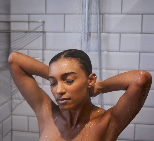 Young Woman Taking Shower Bathroom Home — Stok fotoğraf