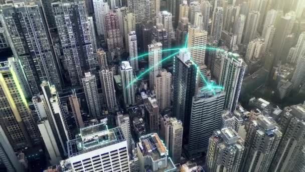 Filmagem Vídeo Conexões Rede Virtual Néon Azul Gráfico Entre Edifícios — Vídeo de Stock