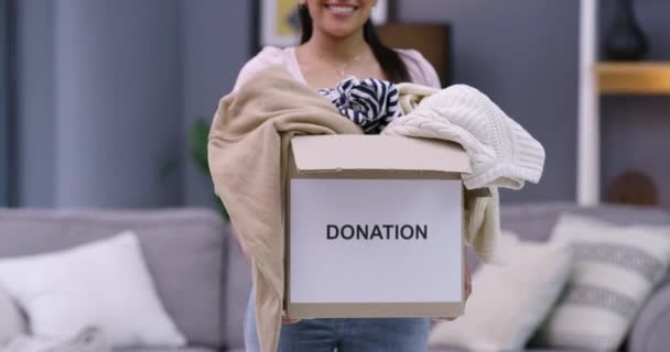 Video Footage Young Woman Holding Box Clothes Donation Home — Stock Video