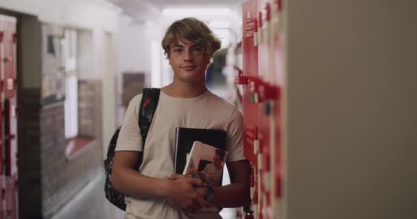 Video Footage Teenage Boy Standing Next His Locker High School — Vídeo de Stock