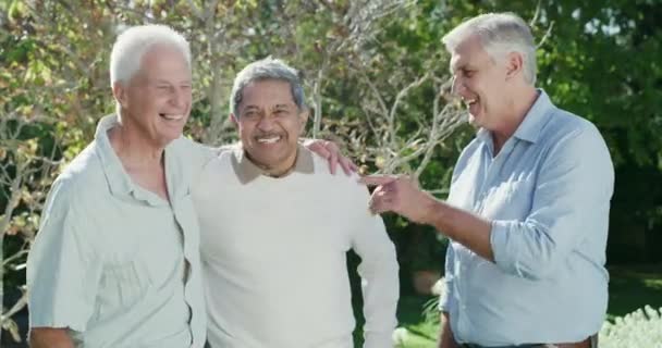 Video Footage Group Male Elderly Friends Spending Time Garden Having — 图库视频影像