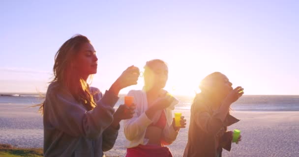 Video Footage Group Friends Blowing Bubbles Beach Sunset — Stockvideo