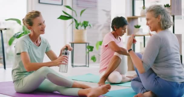 Mature Women Stretching Yoga Class Modern Wellness Center Sunny Day — Stockvideo