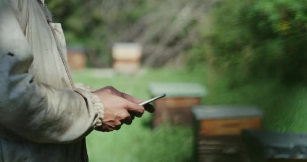 Βίντεο Ενός Αγνώριστου Αρσενικού Μελισσοκόμου Που Εργάζεται Στη Μελισσοκομική Του — Αρχείο Βίντεο