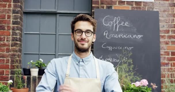 Video Footage Handsome Young Man Standing Alone His Cafe His — ストック動画