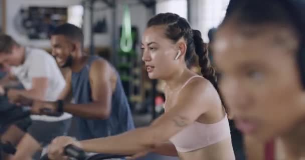 Focused Sporty Woman Spinning Class Gym Fit People Using Air — Stockvideo