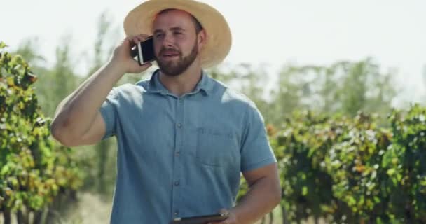 Video Footage Male Farmer Using His Smartphone Make Call While — Stockvideo