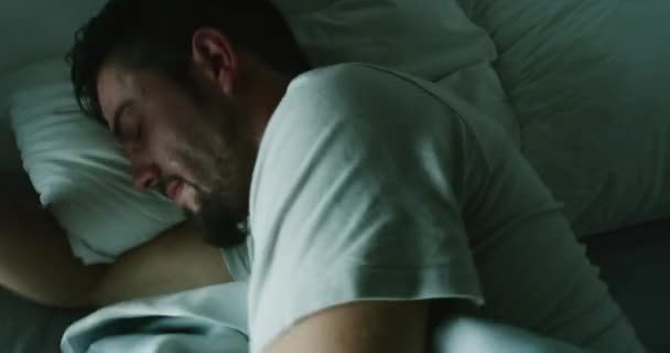 Man Insomnia Lying Bed Night Feeling Irritated Restless Uncomfortable Struggling — Vídeos de Stock