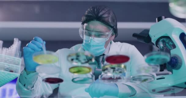 Biochemist Using Dropper Pipette Multiple Samples Searching Infections Cure Laboratory — 图库视频影像