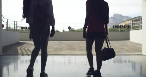 Jóvenes Atletas Femeninas Diversas Caminando Juntas Estadio Amigos Deportivos Compañeros — Vídeos de Stock