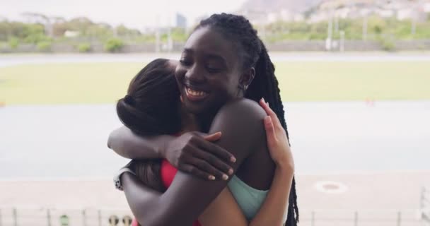 Portrait Female Athletes Hugging While Training Together Stadium Teammates Celebrating — Stok video