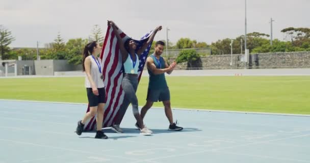 Team Patriotic Olympic Athletes Celebrating Victory Walking Cheering Track Three — Vídeo de stock