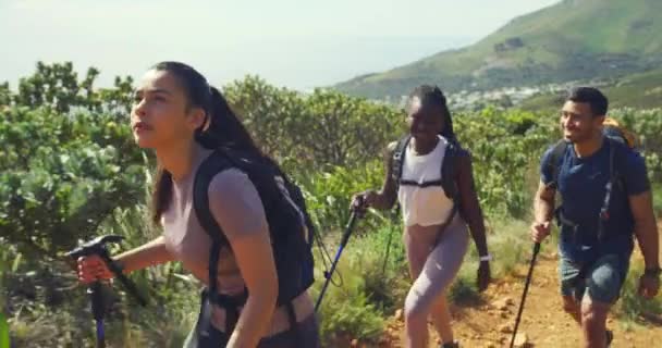 Kelompok Diverse Hiking Mountain Path Fitness Sunny Day Tiga Orang — Stok Video