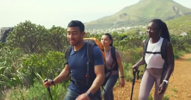 Wandelaars Wandelen Een Pad Een Berg Met Wandelstokken Diverse Groep — Stockvideo