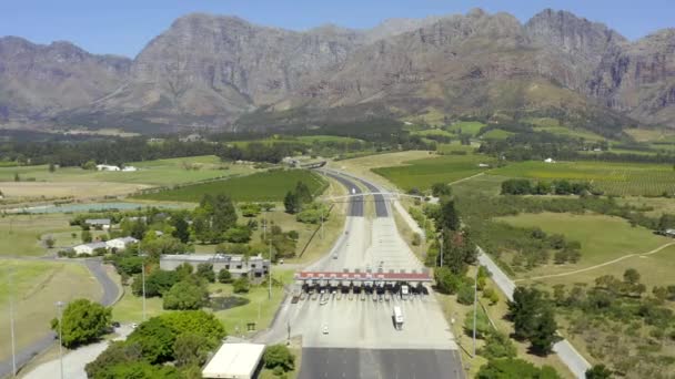 Drone Footage Vehicles Driving Toll Booth National Road Countryside — Stockvideo