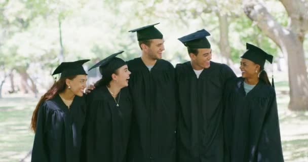 Portrait Group University College Graduates Mortarboards Gowns Standing Together Graduation — 图库视频影像