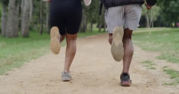 Closeup Fit Couple Legs Running Forest Dirt Road Path Active — Stockvideo