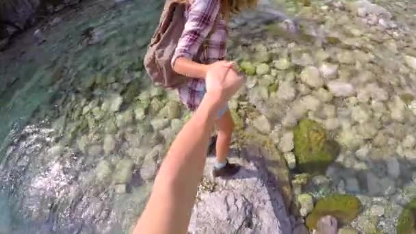 Happy Young Woman Hiking River Friend Two Friends Hiking River — 图库视频影像