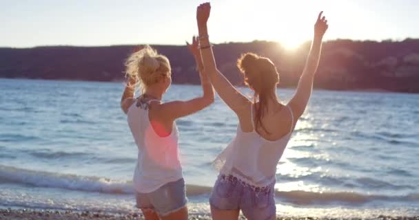 Video Footage Two Friends Playfully Waving Arms While Beach France — Stockvideo