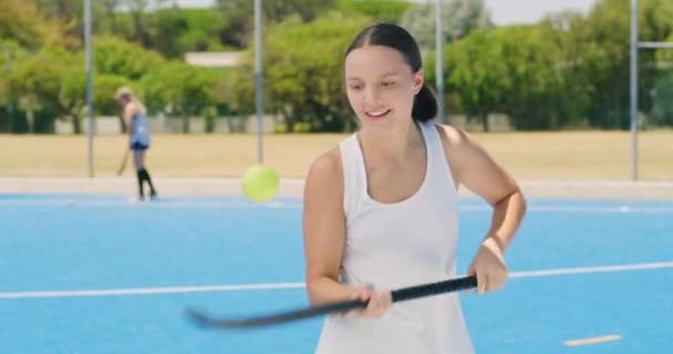 Active Girl Hockey Player Using Motor Skills While Bouncing Tennis — Stock video