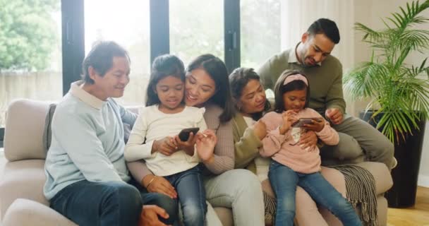 Kids Bonding Family Using Phones While Relaxing Home Lounge Multi — Stockvideo