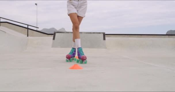 Cool Skilled Skater Forming Patterns Cones Obstacle Course While Doing — Stock Video