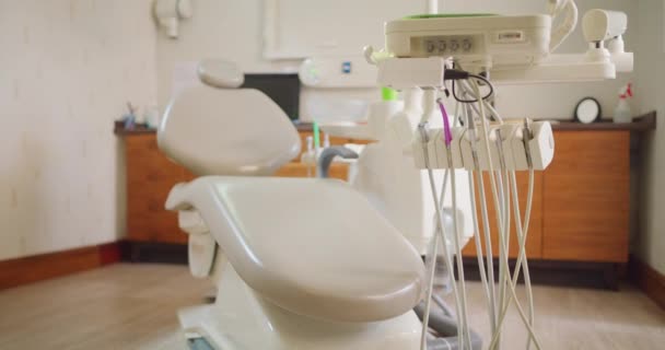 Closeup Empty Dentist Chair Dentistry Equipment Modern Clinic Dental Engine — Video