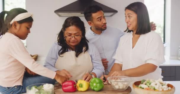 Happy Multi Generation Family Cooking Kitchen Asian Kids Parents Grandparents — Stock video