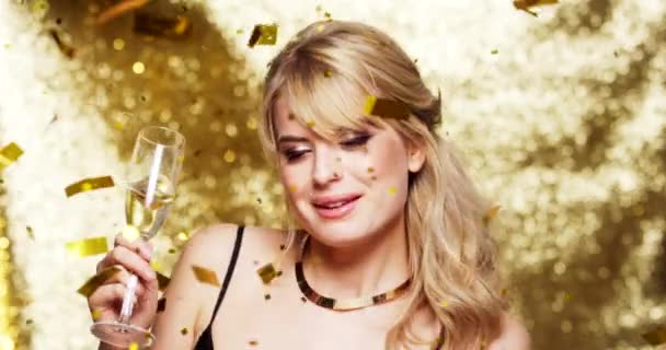 Video Footage Happy Woman Celebrating Glass Champagne Studio Background — 图库视频影像