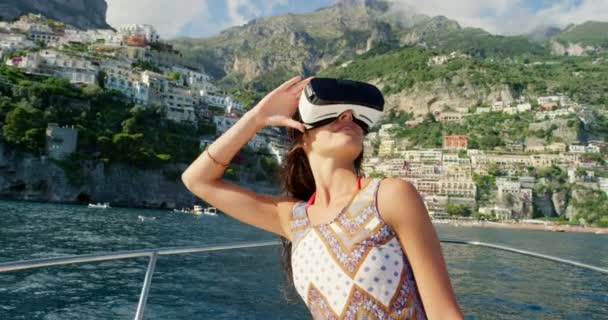 Video Footage Young Woman Sitting Boat Using Virtual Reality Headset — Stock video
