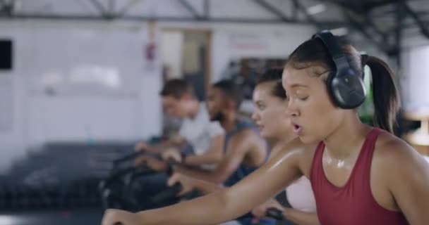 Sweaty Female Athlete Drinking Water Taking Break Indoor Cycling Class — Stock Video