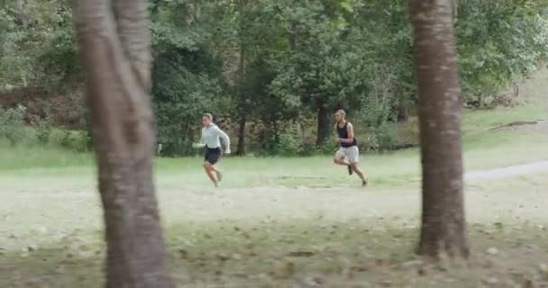 Ajuste Pareja Corriendo Sendero Parque Bosque Aire Libre Jóvenes Atletas — Vídeos de Stock