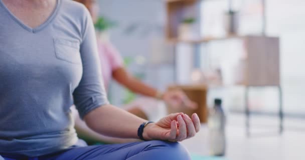 Lähikuva Vanhasta Naisesta Meditoimassa Mudalla Käsieleellä Liikuntatunnilla Joogastudiossa Rauhallinen Rento — kuvapankkivideo