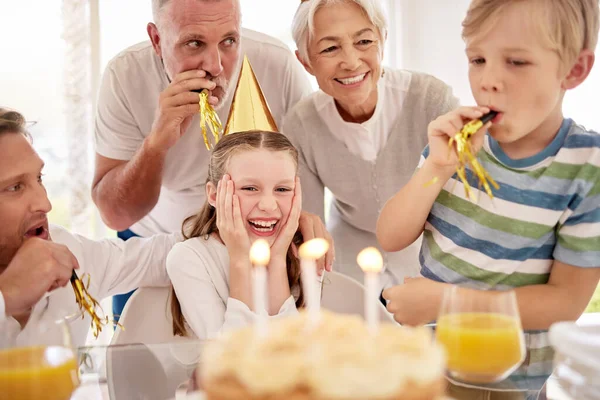 Adorable Little Girl Celebrating Birthday Her Family Home Smiling Cute — Fotografia de Stock