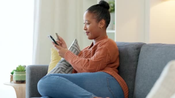 Woman Banking Paying Bills Shopping Online Ebanking Relaxing Alone Living — 图库视频影像
