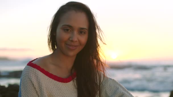 Portrait Happy Young Woman Enjoying Relaxing Sunset View Sea One — Video Stock