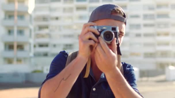 Young Talented Male Photographer Taking Pictures Outdoors City Portrait Cameraman — Stockvideo