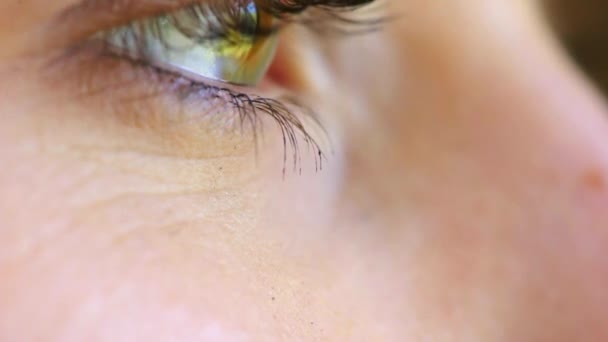 Closeup Woman Staring Blinking While Looking Focused Thinking Ideas Green — Stok video